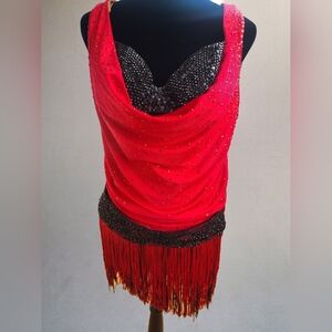 Swarovski Red and Black Fringe Rhythm/Latin Ballroom  Dress